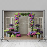 Aperturee Aperturee Colorful Hydrangea Wedding Arch Photography Backdrop Rustic Doors with Purple and Green Florals Garden Photo Prop